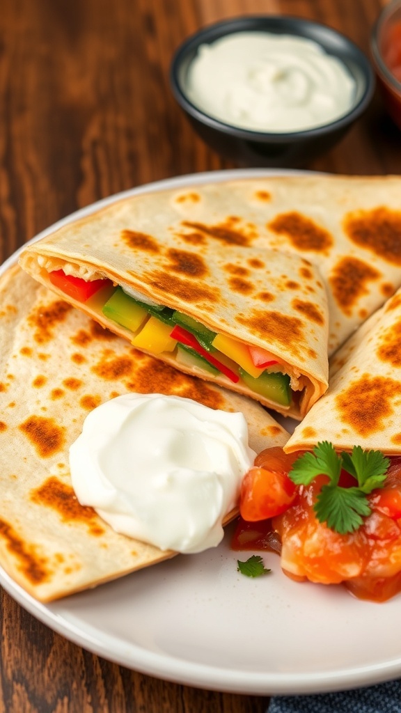 Golden brown vegetarian quesadilla filled with bell peppers and cheese, served with salsa and sour cream on a rustic table.